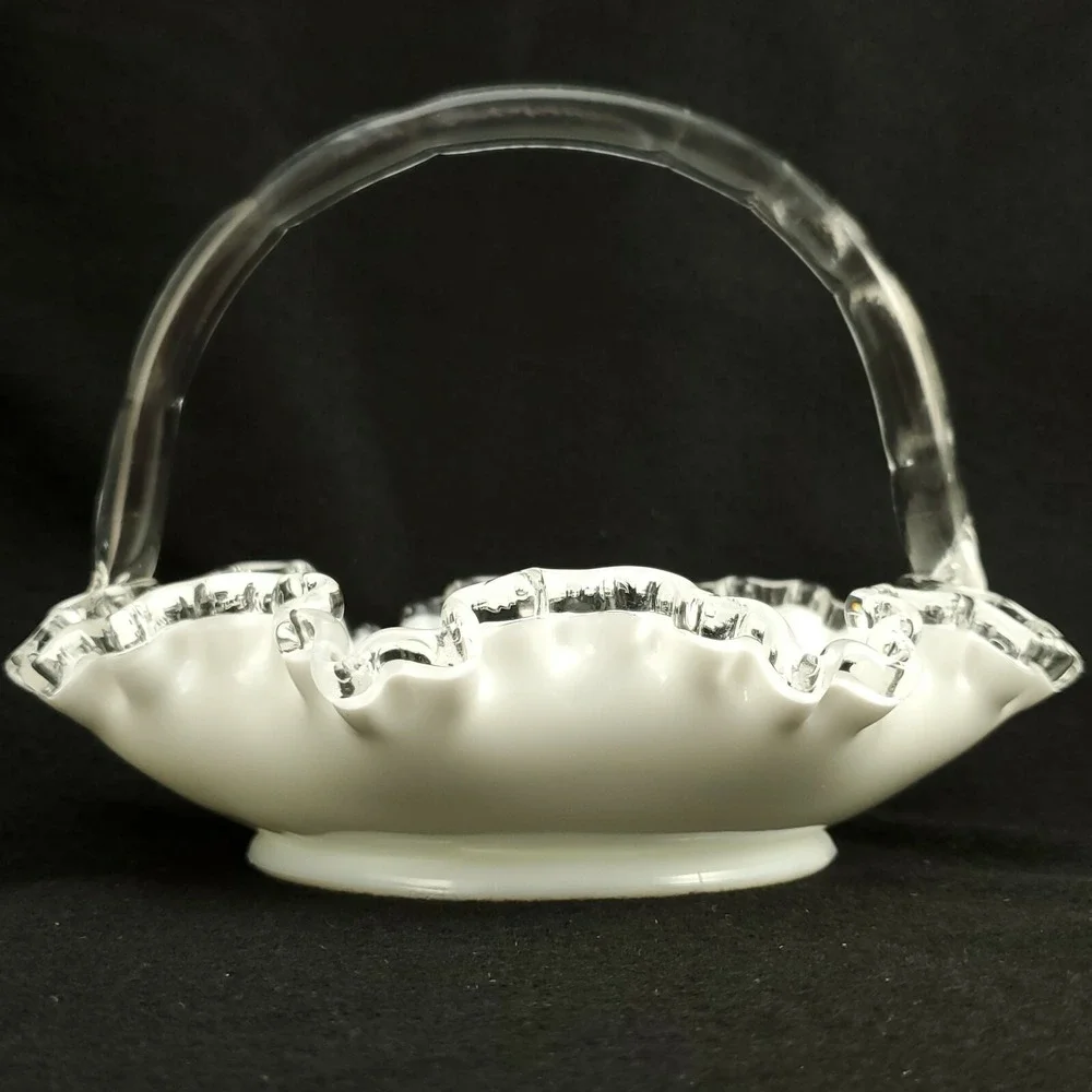 Fenton Silver Crest Brides Basket Ruffled Milk Glass Clear Glass Handle 8